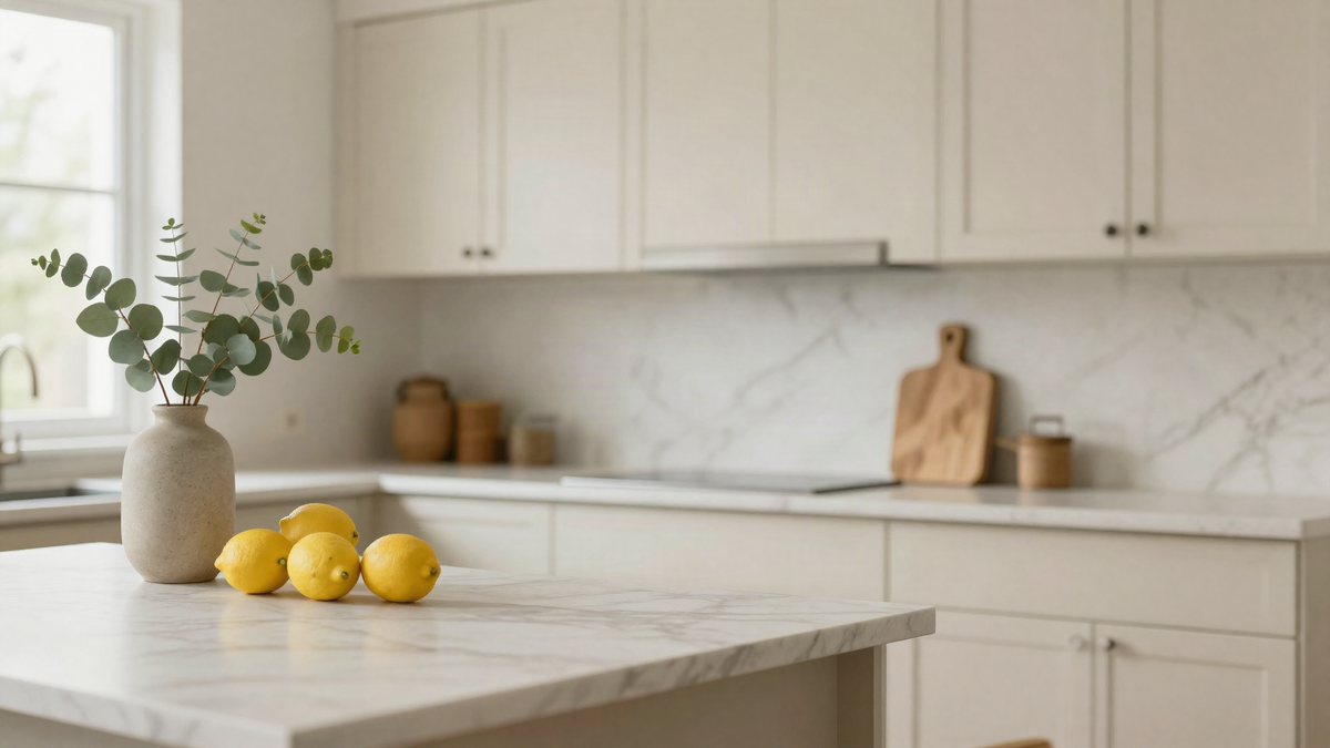 Bright modern kitchen with marble countertop, eucalyptus vase and lemons, natural light